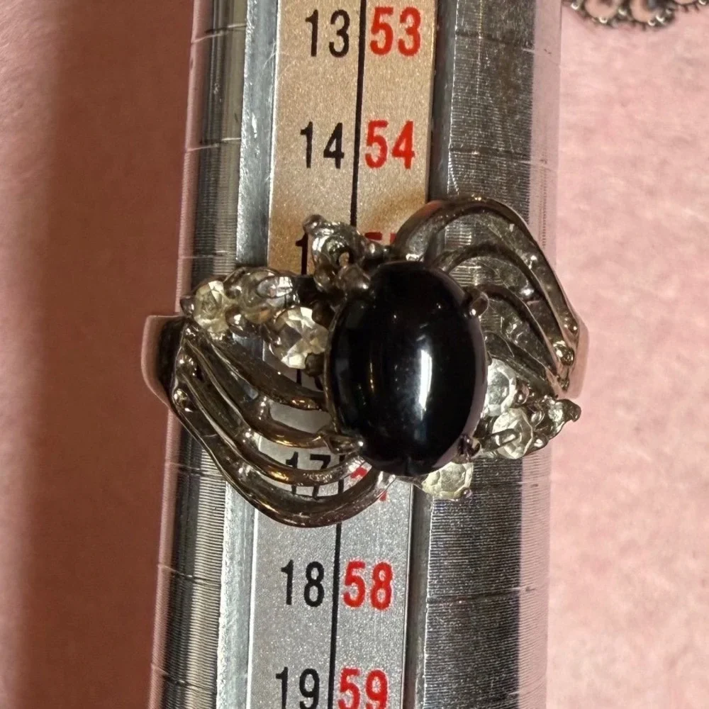 Vintage 14Kt ge silver tone Black cabochon Bypass Ring‎ Size 7.5 Flaws